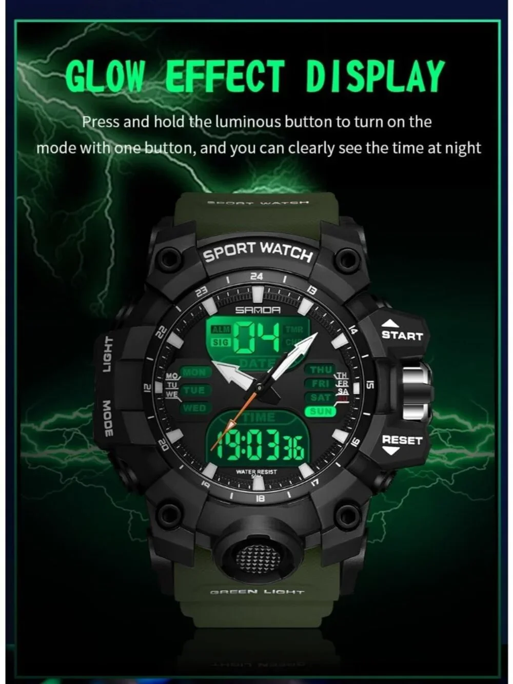 Men's Army Green Black Analog Quartz S-Shock Waterproof Sports LED Digital Watch